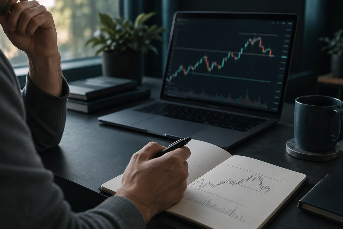 Illustrative scene: reviewing a chart with a notebook to check a trading idea.